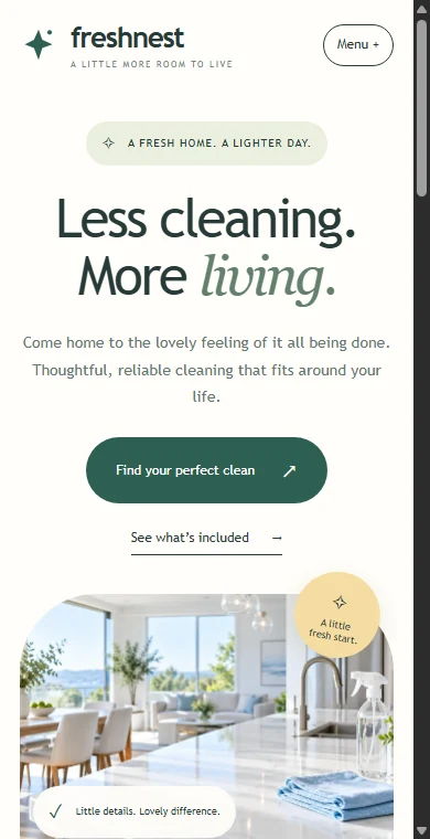 FreshNest Cleaning website displayed on a mobile screen