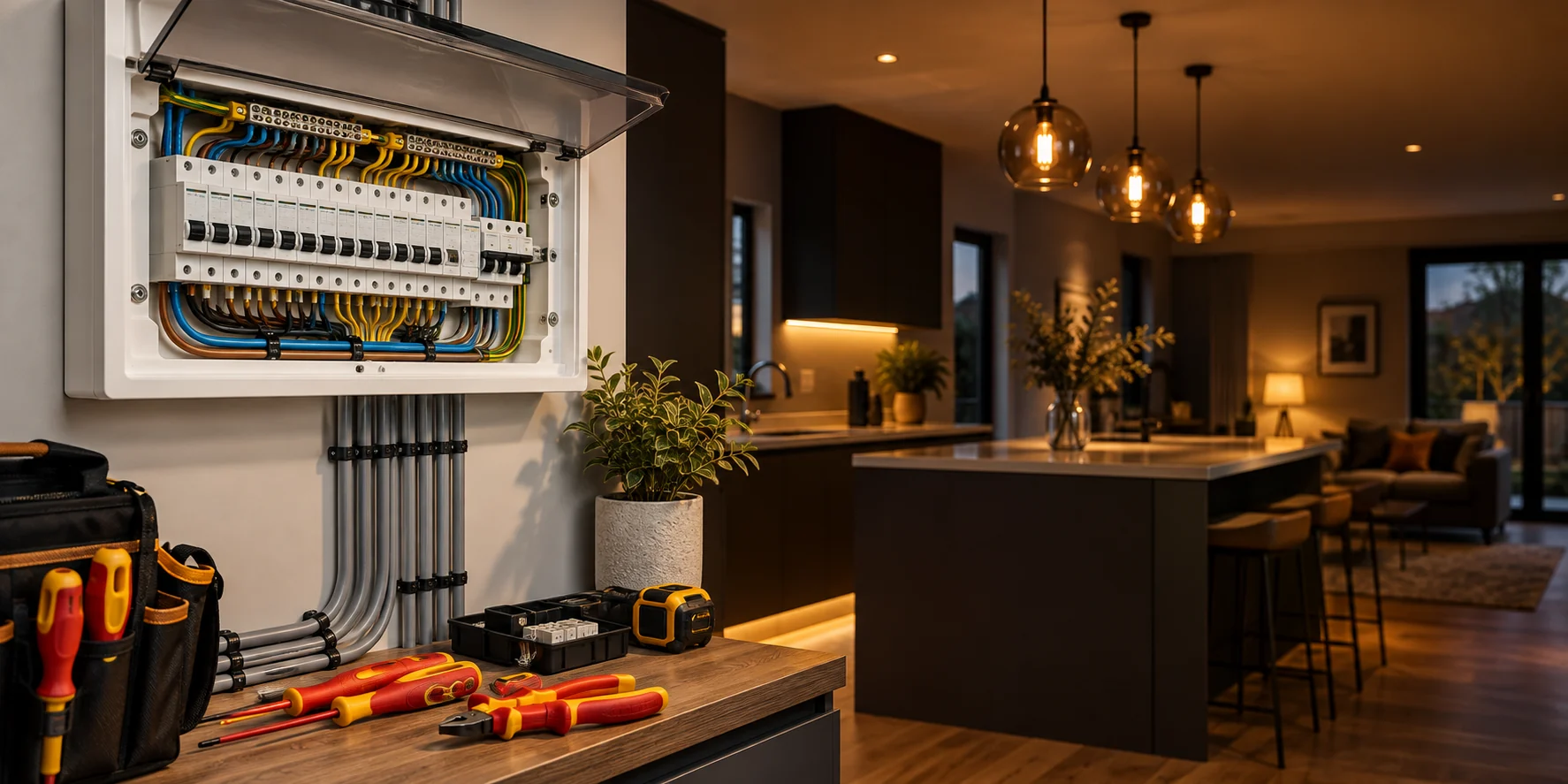 A carefully installed consumer unit and electrician’s tools in a warm contemporary home