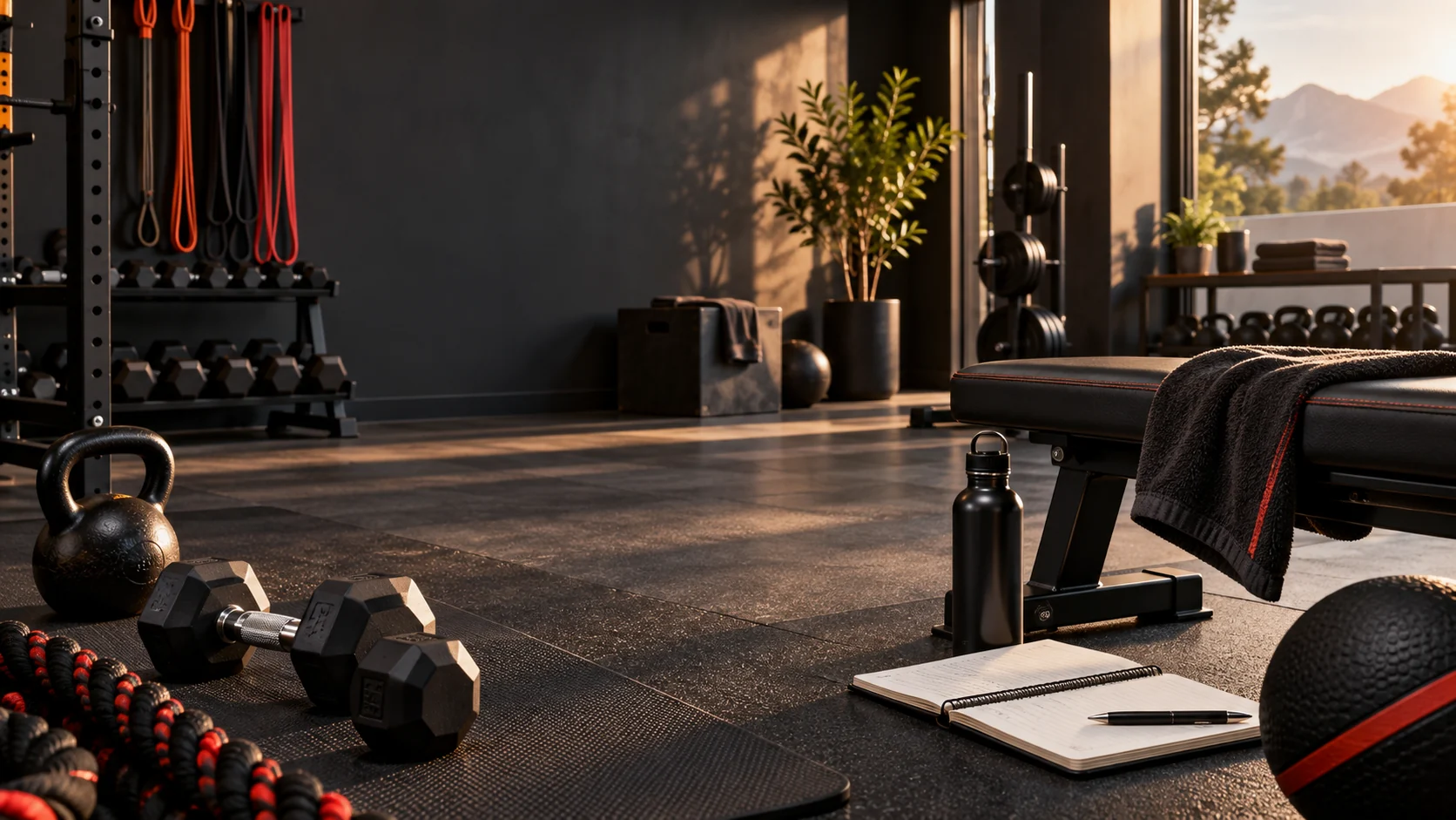 Strength equipment and a training notebook in a private coaching gym