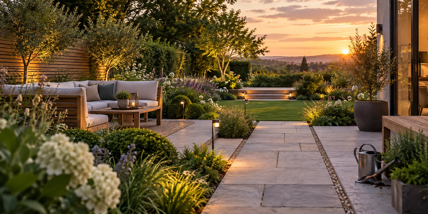 A thoughtfully planted garden with stone paths, outdoor seating and soft evening light